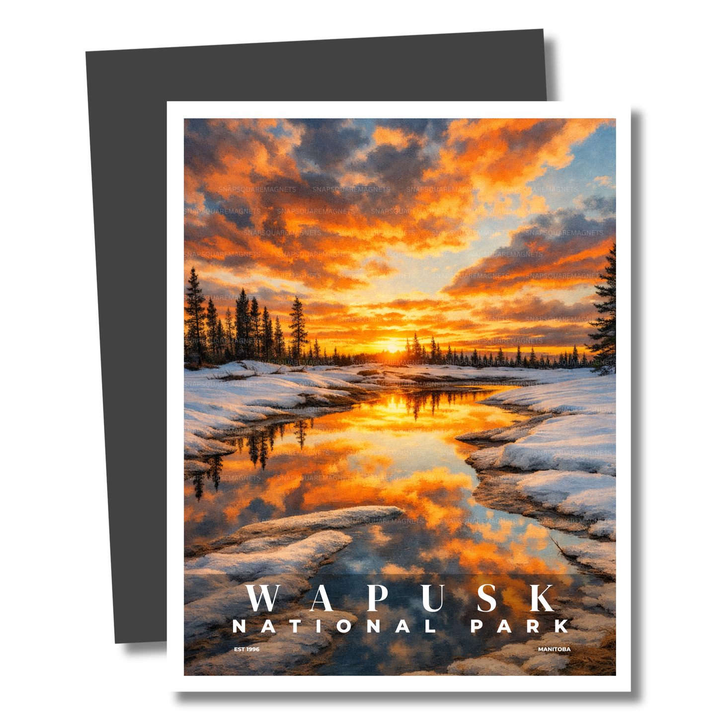 Magnet of Wapusk National Park with a sunset over a snowy landscape.