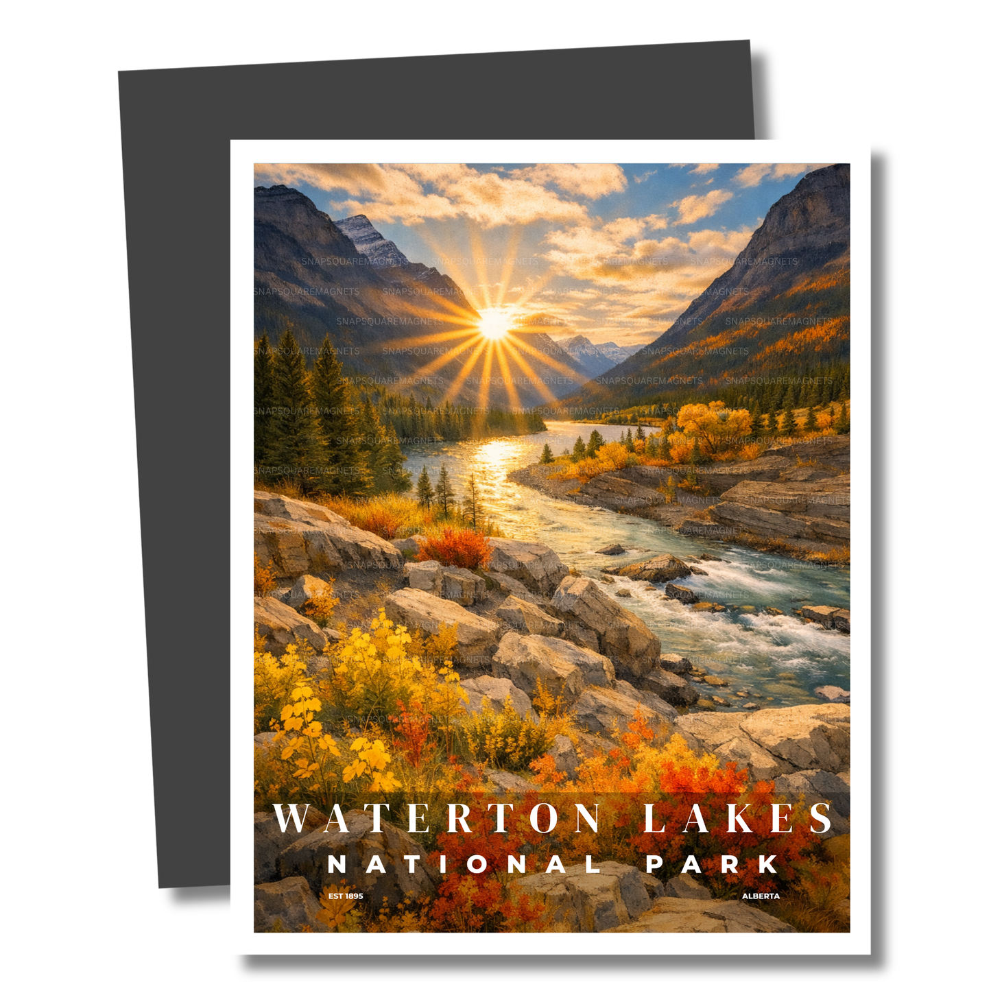 Magnet of Waterton Lakes National Park with a mountain landscape and river.