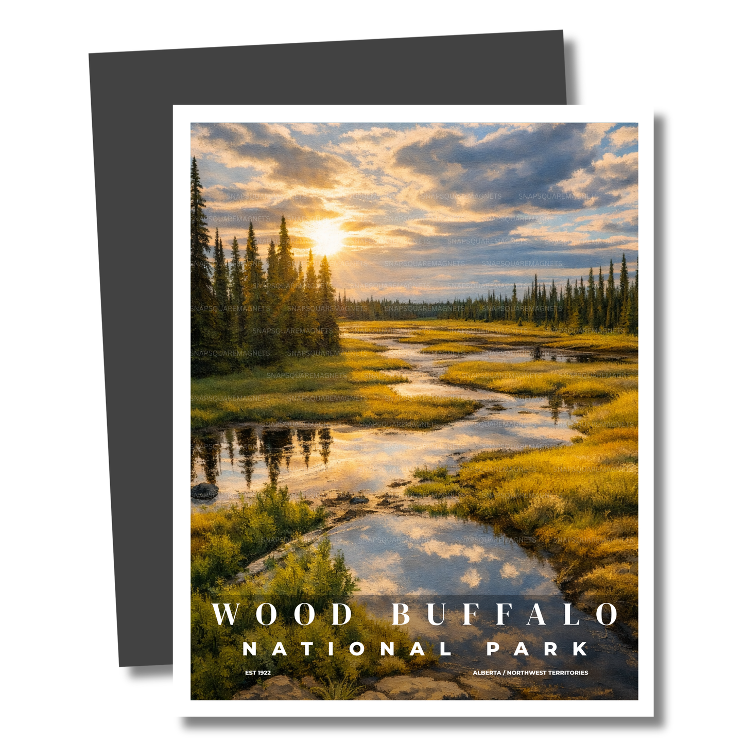 Wood Buffalo National Park Magnet with a scenic landscape and sunset.