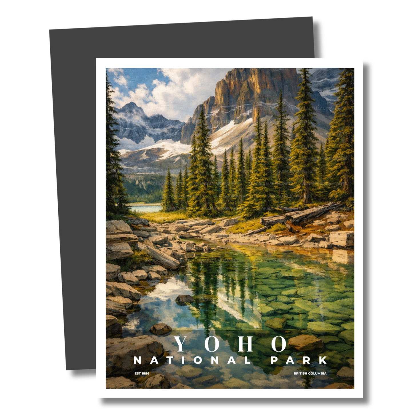 Yoho National Park magnet with a scenic view of mountains and lake.