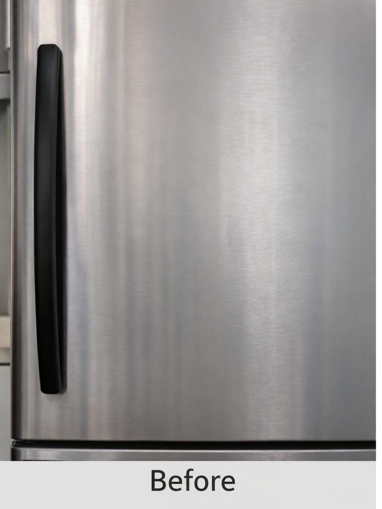 Stainless steel refrigerator with black handle labeled 'Before'.